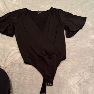 Express Elegant Black Flutter Sleeve Bodysuit